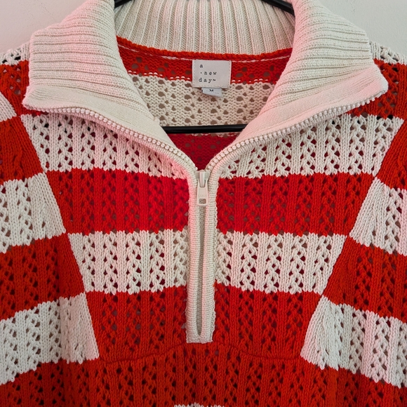 Women's A New Day Red Beige Striped Quarter-Zip Sweater M - Picture 4 of 5